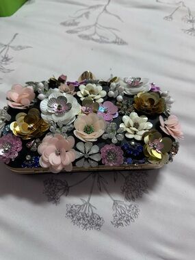 bebe Black Floral Sequin and Appliqué Clutch with Gold Accents